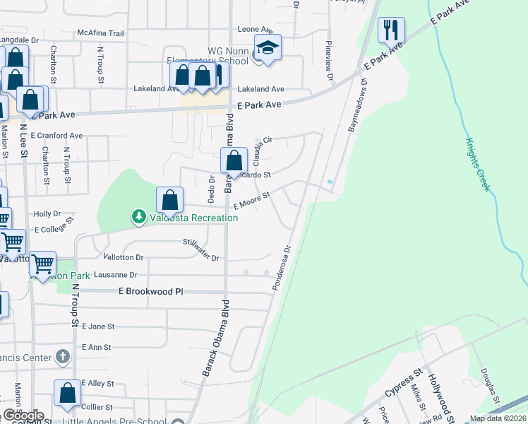 map of restaurants, bars, coffee shops, grocery stores, and more near 1614 Charter Oaks Drive in Valdosta