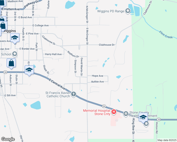 map of restaurants, bars, coffee shops, grocery stores, and more near 13 South McGregor Street in Wiggins