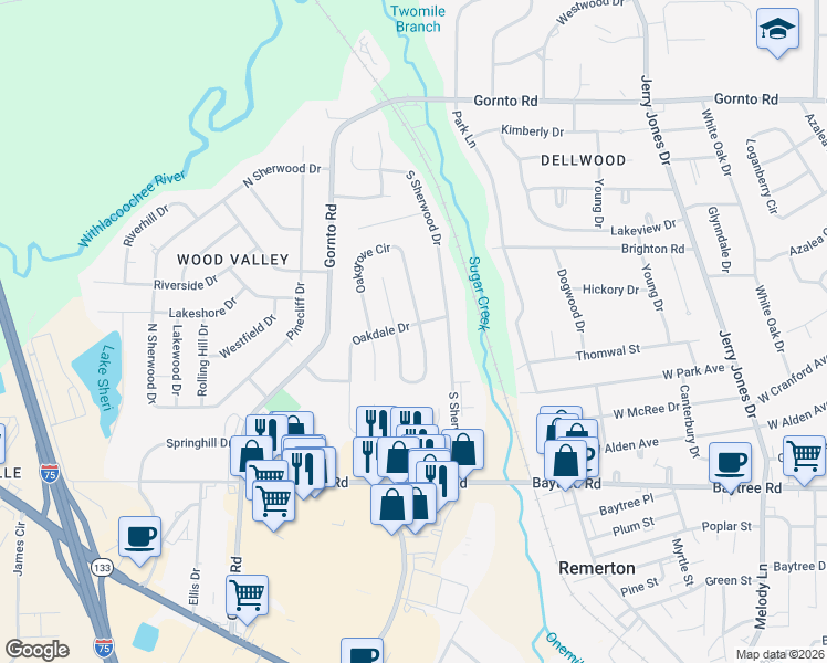 map of restaurants, bars, coffee shops, grocery stores, and more near 2203 Oakdale Drive in Valdosta