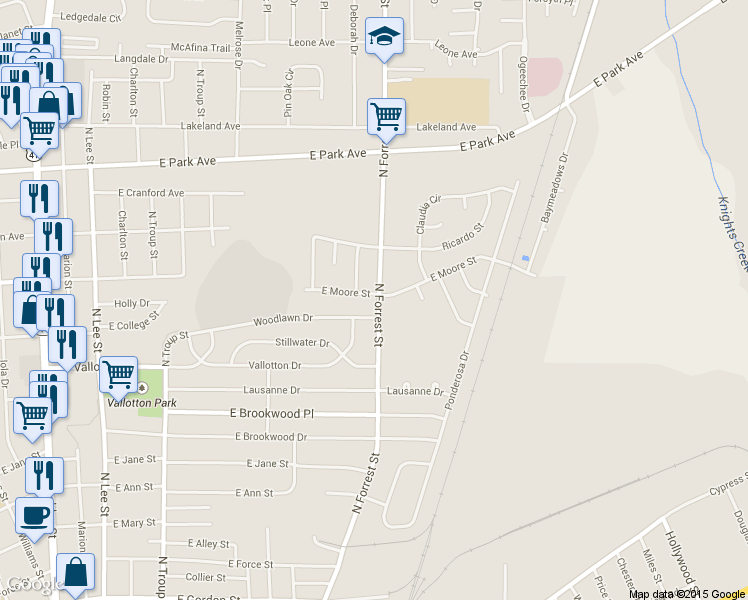map of restaurants, bars, coffee shops, grocery stores, and more near 1602 North Forrest Street in Valdosta