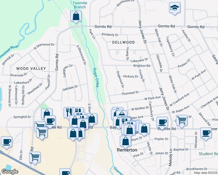 map of restaurants, bars, coffee shops, grocery stores, and more near 2113 Park Ln in Valdosta
