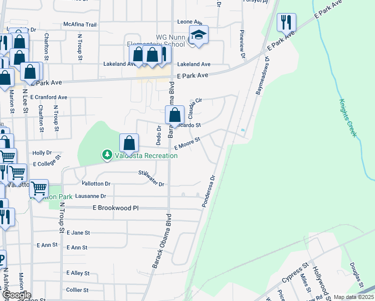 map of restaurants, bars, coffee shops, grocery stores, and more near 4 Shanna Circle in Valdosta