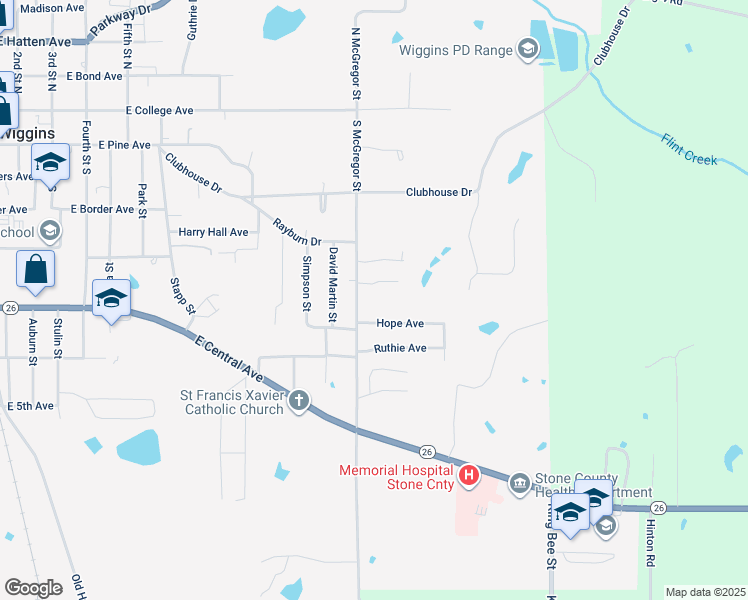 map of restaurants, bars, coffee shops, grocery stores, and more near 13 South McGregor Street in Wiggins