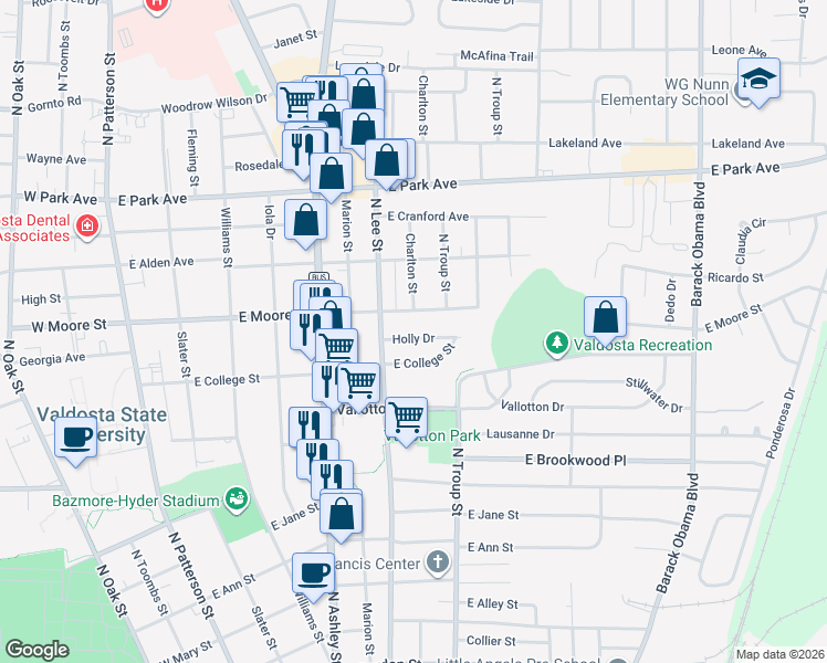 map of restaurants, bars, coffee shops, grocery stores, and more near 706 Holly Drive in Valdosta