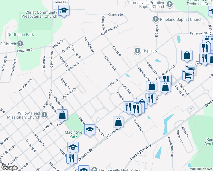 map of restaurants, bars, coffee shops, grocery stores, and more near 1311 East Clay Street in Thomasville