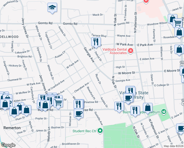 map of restaurants, bars, coffee shops, grocery stores, and more near 507 West Alden Avenue in Valdosta