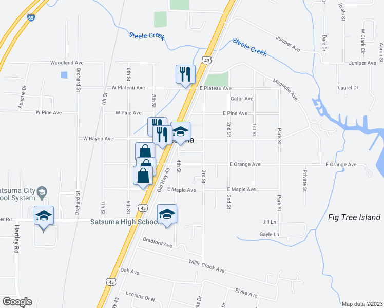 map of restaurants, bars, coffee shops, grocery stores, and more near 64 Oakdale Avenue in Satsuma