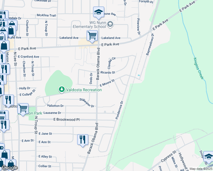 map of restaurants, bars, coffee shops, grocery stores, and more near 4 Shanna Circle in Valdosta