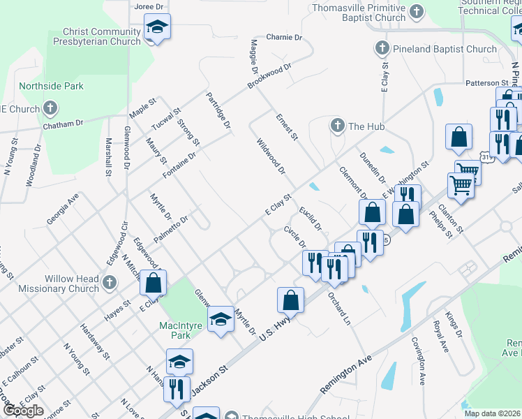 map of restaurants, bars, coffee shops, grocery stores, and more near 1311 East Clay Street in Thomasville