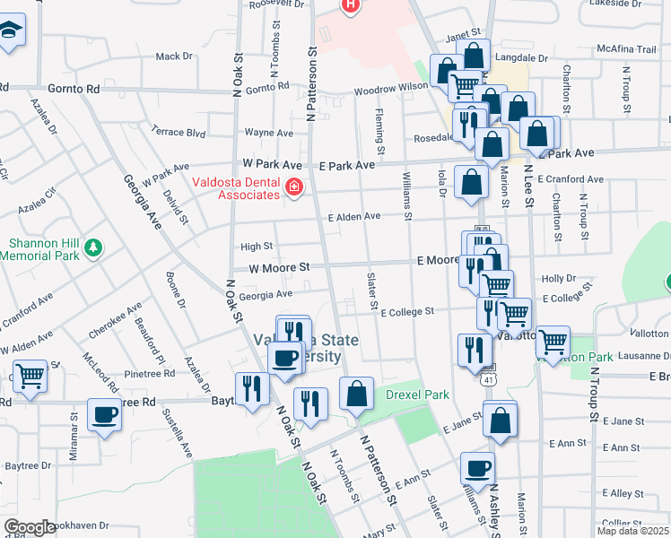 map of restaurants, bars, coffee shops, grocery stores, and more near 1615 North Patterson Street in Valdosta
