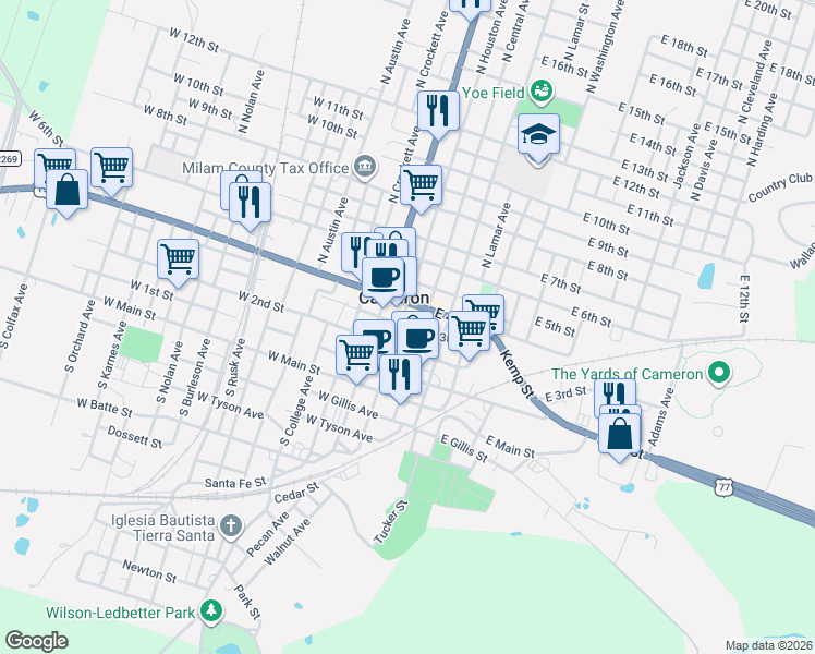 map of restaurants, bars, coffee shops, grocery stores, and more near 112 West 2nd Street in Cameron
