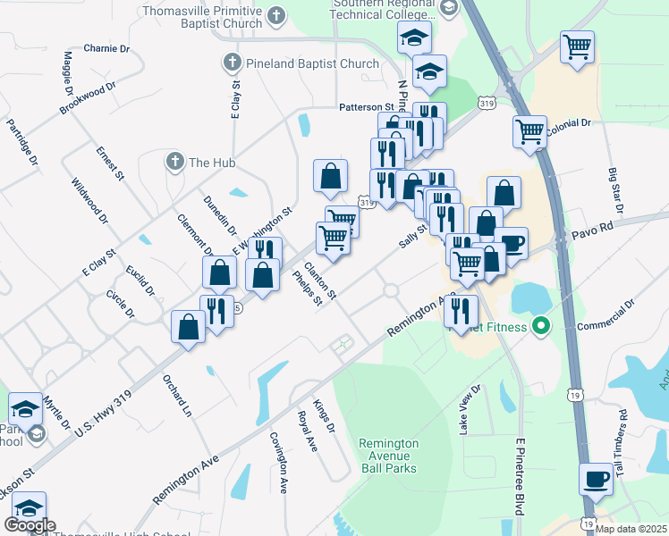 map of restaurants, bars, coffee shops, grocery stores, and more near 1404 East Jackson Street in Thomasville