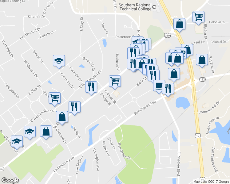 map of restaurants, bars, coffee shops, grocery stores, and more near 1404 East Jackson Street in Thomasville
