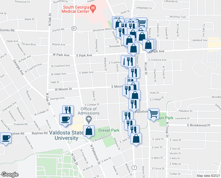 map of restaurants, bars, coffee shops, grocery stores, and more near 1614 Iola Drive in Valdosta