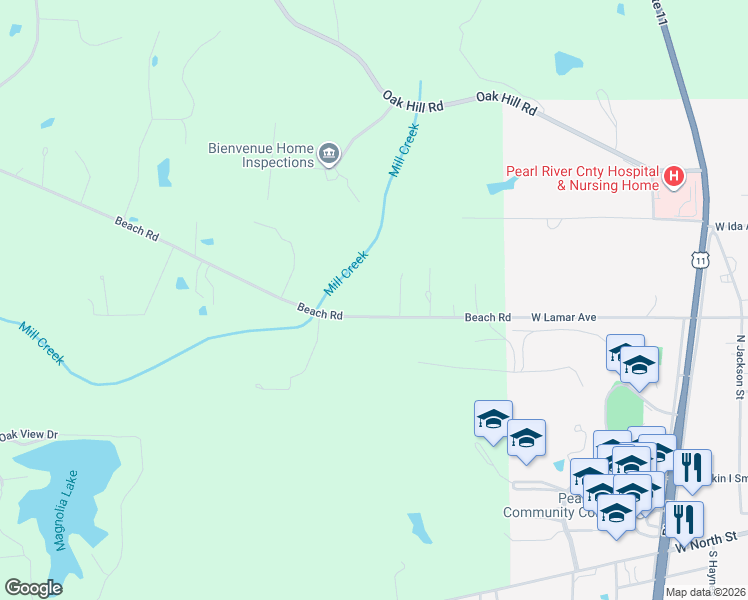 map of restaurants, bars, coffee shops, grocery stores, and more near 572-602 Beach Road in Poplarville