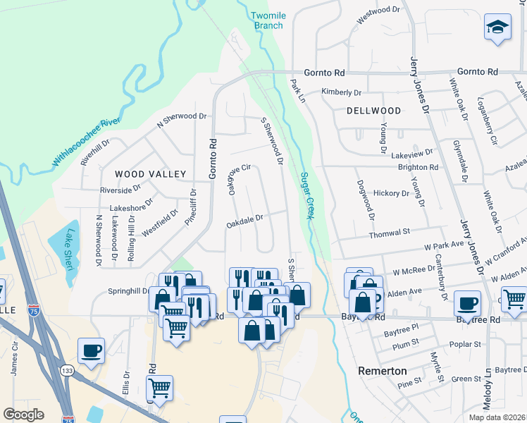 map of restaurants, bars, coffee shops, grocery stores, and more near 2203 Oakdale Drive in Valdosta