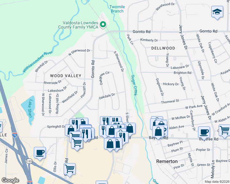 map of restaurants, bars, coffee shops, grocery stores, and more near 2203 Oakdale Drive in Valdosta