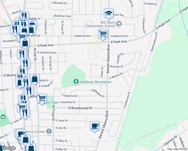 map of restaurants, bars, coffee shops, grocery stores, and more near 1505 East Moore Street in Valdosta