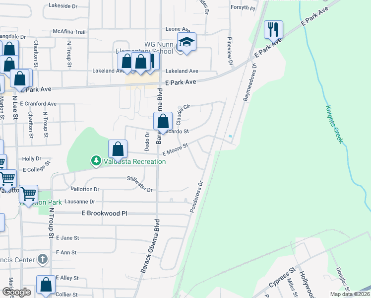 map of restaurants, bars, coffee shops, grocery stores, and more near 1614 Charter Oaks Drive in Valdosta