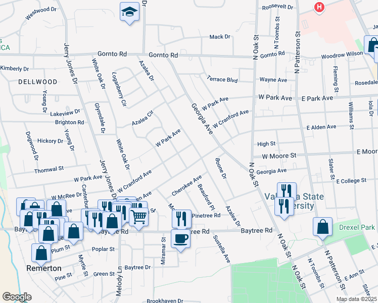 map of restaurants, bars, coffee shops, grocery stores, and more near 608 West Alden Avenue in Valdosta