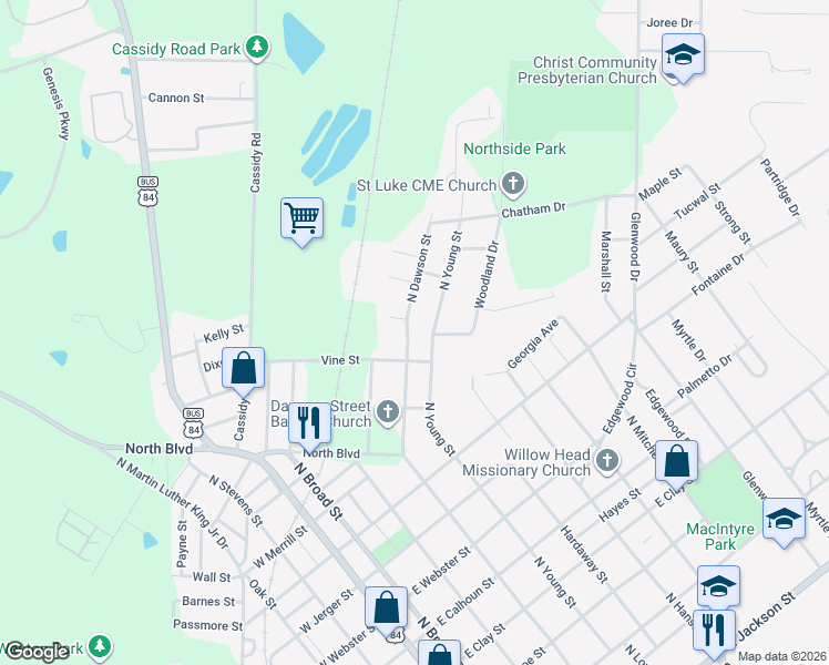 map of restaurants, bars, coffee shops, grocery stores, and more near 102 Vine Street in Thomasville