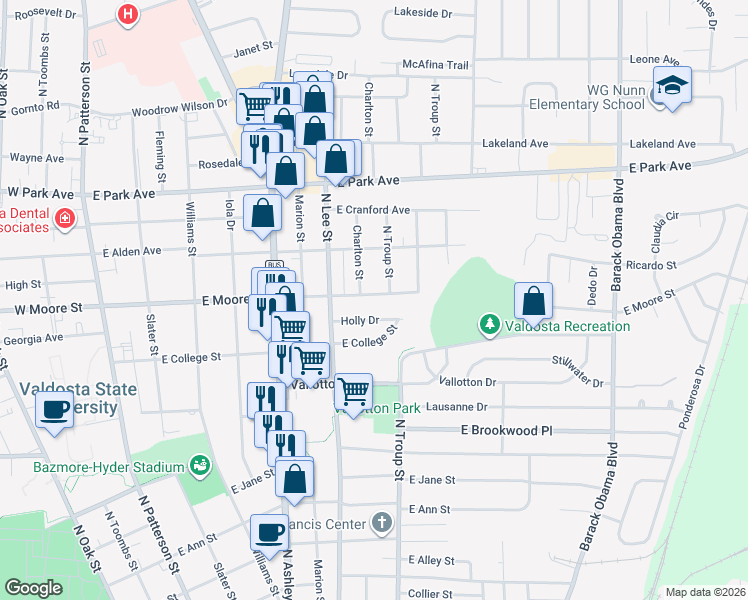 map of restaurants, bars, coffee shops, grocery stores, and more near 706 Holly Drive in Valdosta