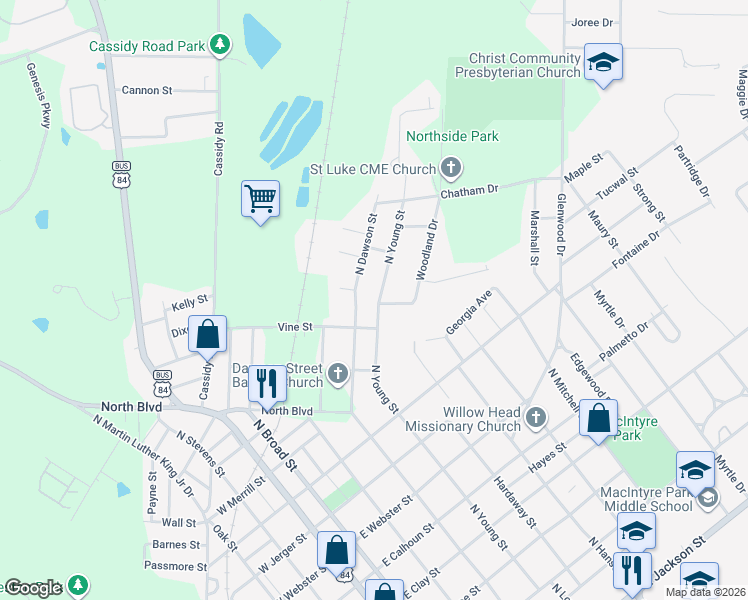 map of restaurants, bars, coffee shops, grocery stores, and more near 1007 North Young Street in Thomasville