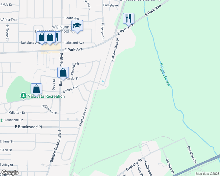 map of restaurants, bars, coffee shops, grocery stores, and more near 1301 Baymeadows Drive in Valdosta
