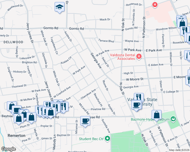 map of restaurants, bars, coffee shops, grocery stores, and more near 423 Georgia Avenue in Valdosta