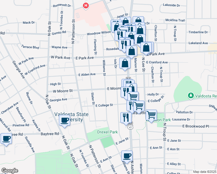 map of restaurants, bars, coffee shops, grocery stores, and more near 1701 Williams Street in Valdosta