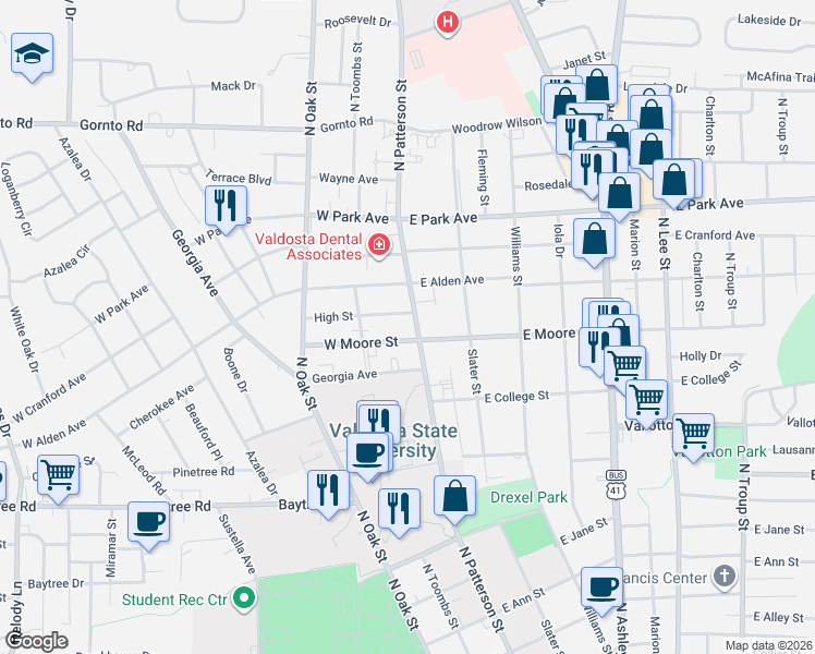 map of restaurants, bars, coffee shops, grocery stores, and more near 1704 North Patterson Street in Valdosta