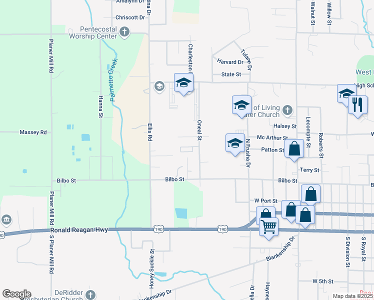 map of restaurants, bars, coffee shops, grocery stores, and more near 561 Oneal Street in DeRidder