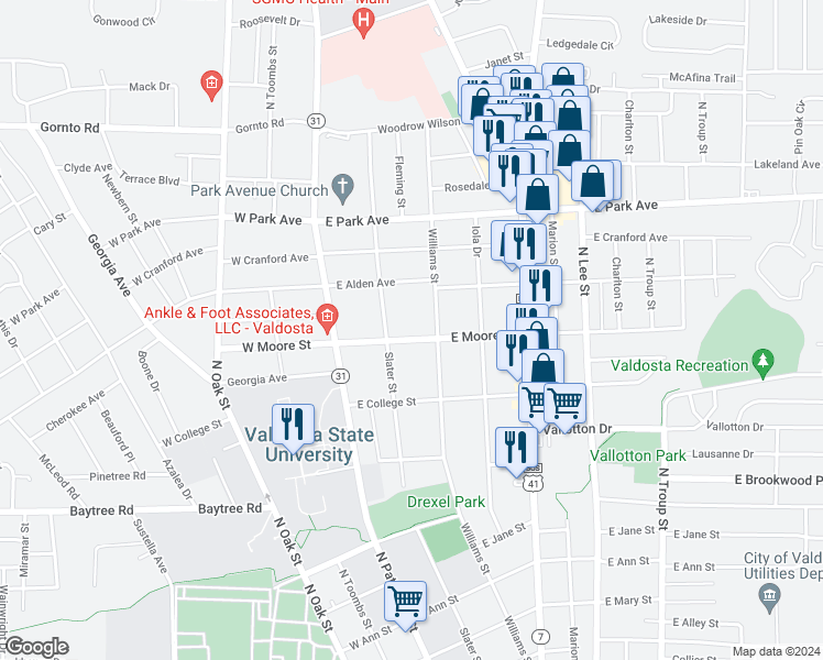map of restaurants, bars, coffee shops, grocery stores, and more near 1700 Williams Street in Valdosta