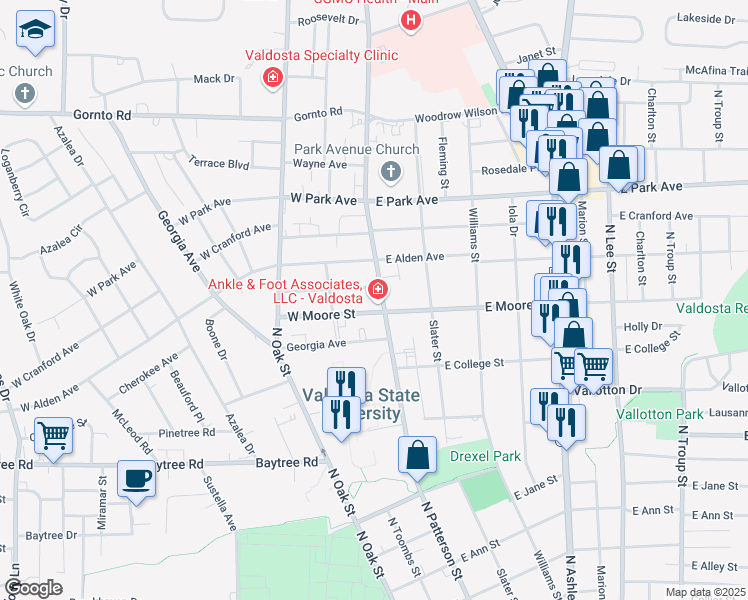 map of restaurants, bars, coffee shops, grocery stores, and more near 1704 North Patterson Street in Valdosta