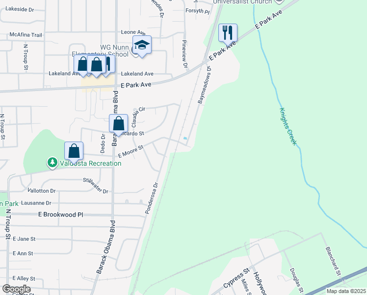 map of restaurants, bars, coffee shops, grocery stores, and more near 1250 Baymeadows Drive in Valdosta