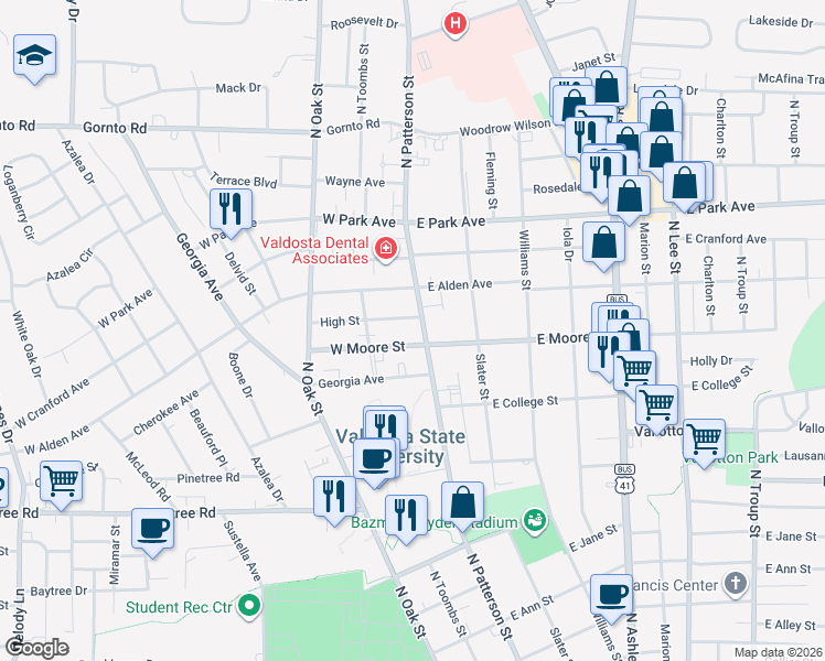 map of restaurants, bars, coffee shops, grocery stores, and more near 108 High Street in Valdosta
