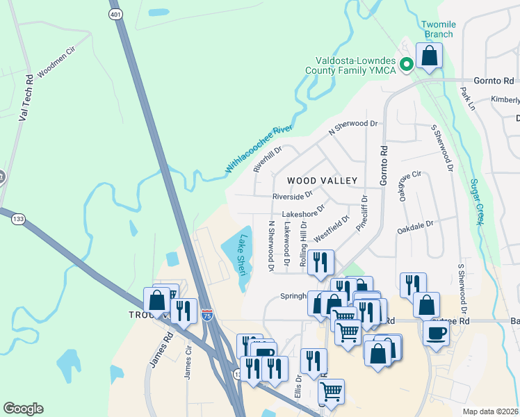 map of restaurants, bars, coffee shops, grocery stores, and more near 2401 Riverside Drive in Valdosta