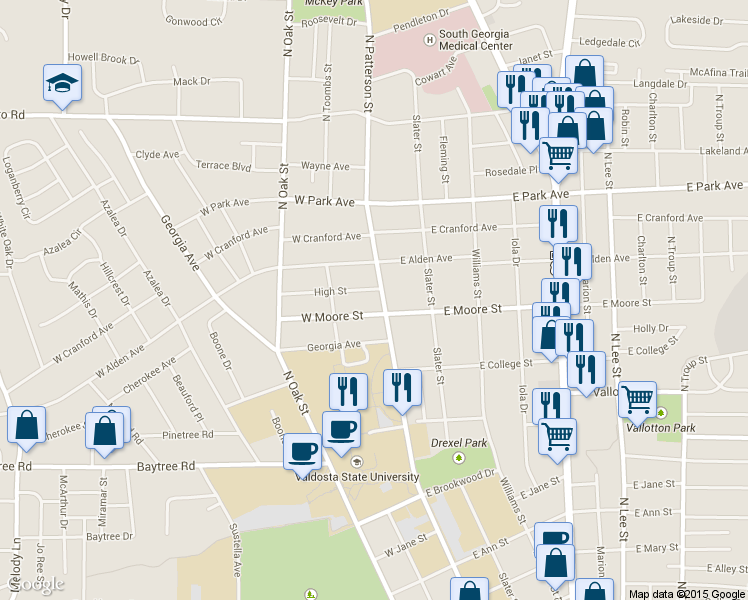 map of restaurants, bars, coffee shops, grocery stores, and more near 108 High Street in Valdosta