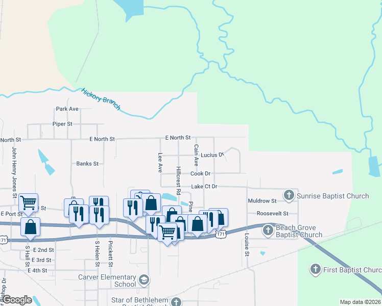 map of restaurants, bars, coffee shops, grocery stores, and more near 501 Cain Avenue in DeRidder