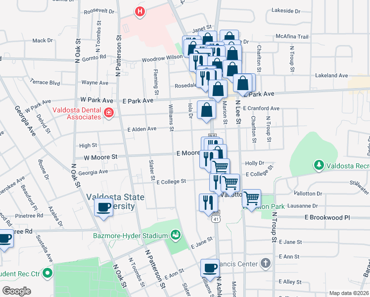 map of restaurants, bars, coffee shops, grocery stores, and more near 1708 Iola Drive in Valdosta