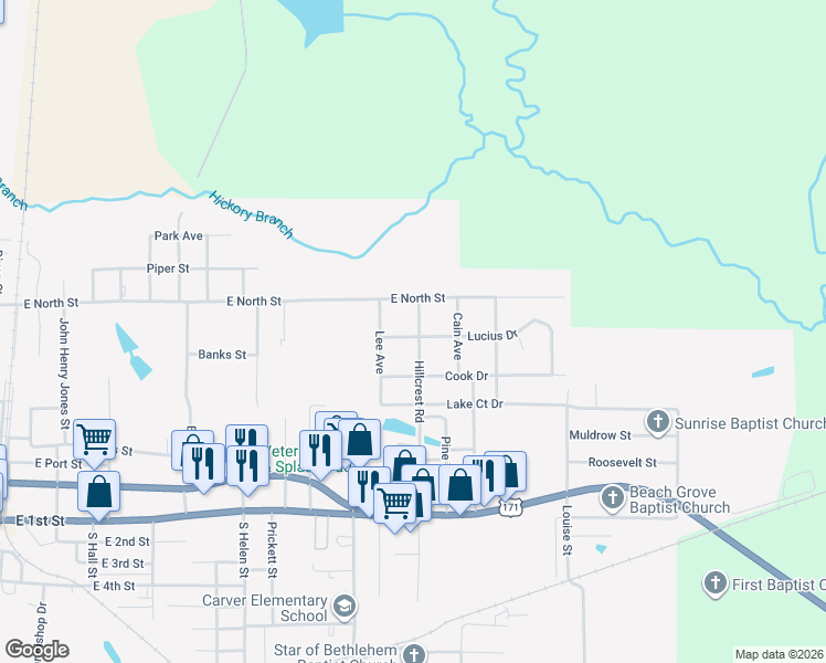 map of restaurants, bars, coffee shops, grocery stores, and more near 501 Hillcrest Road in DeRidder