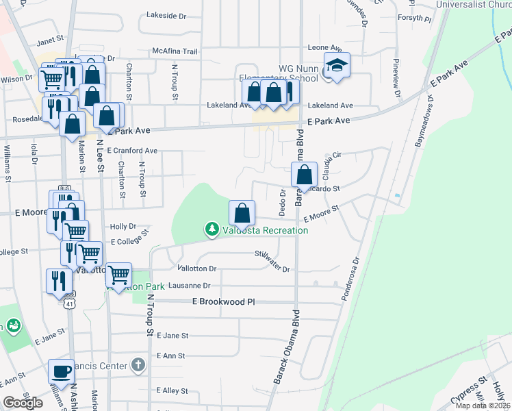 map of restaurants, bars, coffee shops, grocery stores, and more near 1705 Toni Terrace in Valdosta