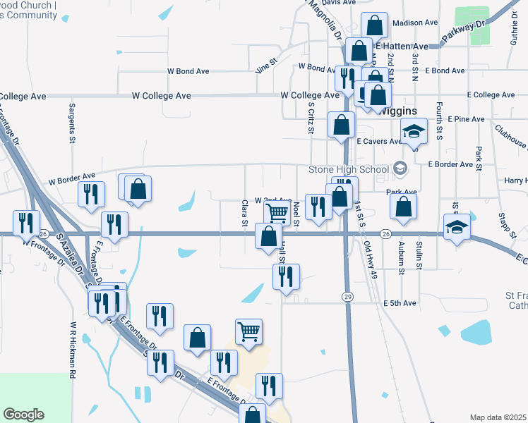 map of restaurants, bars, coffee shops, grocery stores, and more near 600-698 W 2nd Ave in Wiggins