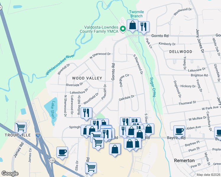 map of restaurants, bars, coffee shops, grocery stores, and more near 2117 Gornto Road in Valdosta