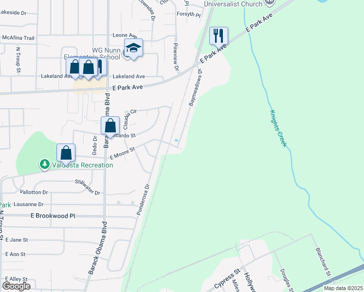 map of restaurants, bars, coffee shops, grocery stores, and more near 1301 Baymeadows Drive in Valdosta