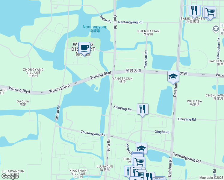 map of restaurants, bars, coffee shops, grocery stores, and more near Qu Fu Lu in Hu Zhou Shi