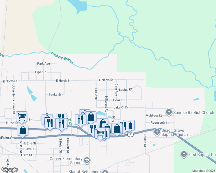 map of restaurants, bars, coffee shops, grocery stores, and more near 501-599 Hillcrest Rd in DeRidder