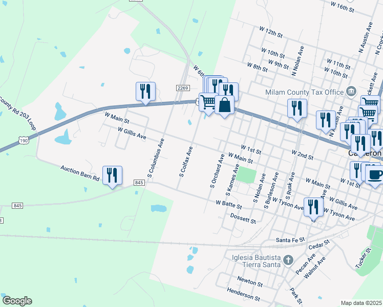map of restaurants, bars, coffee shops, grocery stores, and more near 204 South Colfax Avenue in Cameron
