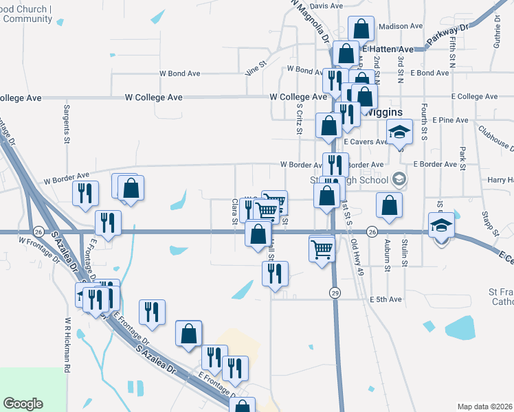 map of restaurants, bars, coffee shops, grocery stores, and more near 600-698 W 2nd Ave in Wiggins
