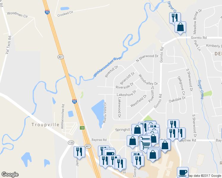 map of restaurants, bars, coffee shops, grocery stores, and more near 2401 Riverside Drive in Valdosta
